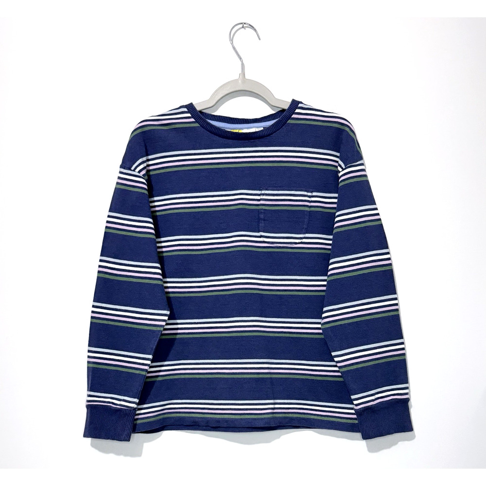 Boden Boys T Shirt 8-9Y Cotton Navy Striped Crew Neck Long Sleeve Pockets